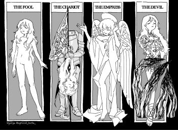  1girl armor closed_eyes completely_nude monochrome multiple_views nude original standing syalgu tattoo wings  rating:Questionable score:1 user:Hullyen