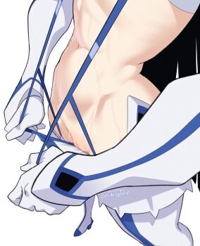  1girl absurdres artist_name black_hair boots commentary english_commentary highres junketsu kill_la_kill kiryuuin_satsuki navel pussy pussy_juice revealing_clothes signature solo strikingtulip thick_thighs thigh_boots thighs toned toned_female 