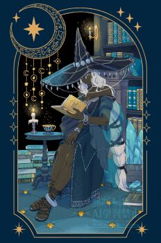  1girl anklet arizuka_(catacombe) art_nouveau bare_shoulders blue_nails book bookshelf border bracelet candle colored_eyelashes commentary_request crescent crystal cup dark_skin elden_ring elden_ring_nightreign gladiator_sandals highres jewelry large_hat long_braid long_hair looking_at_viewer official_alternate_costume ornate_border recluse_(elden_ring) sandals sidelocks sitting smile solo star_(symbol) teacup very_dark_skin watermark white_eyelashes white_hair witch 