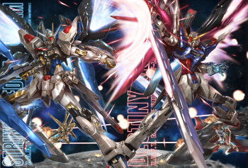  akatsuki_gundam archangel_(gundam) beam_rifle commentary destiny_gundam energy_gun energy_wings english_commentary force_impulse_gundam glowing glowing_eyes green_eyes gun gundam gundam_seed gundam_seed_destiny holding holding_gun holding_sword holding_weapon mecha mecha_focus mechanical_wings minerva_(gundam) mobile_suit niua_chun no_humans robot science_fiction space strike_freedom_gundam sword v-fin weapon wings wings_of_light yellow_eyes 
