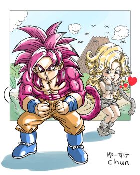  1boy 1girl abs ayla_(chrono_trigger) blonde_hair blue_boots blush boots chrono_trigger cloud commentary_request creator_connection crop_top crossover dragon_ball dragon_ball_daima flexing flower fur_scarf fur_skirt grey_eyes heart highres long_hair midriff monkey_tail muscular muscular_male navel open_mouth orange_pants pants red_eyes red_flower red_hair road signature son_goku super_saiyan super_saiyan_4 tail topless_male volcano yusuke_chun 