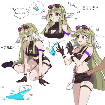  1girl 1other :o absurdres arknights bare_shoulders black_bra black_gloves black_outline black_shoes black_shorts blue_hawaii blunt_bangs blunt_ends blush bra bracelet breasts brown_eyes chinese_commentary cleavage cleavage_cutout clothing_cutout color_guide commentary_request crying dark_skin dot_nose drink drinking_straw dropped_object dropping english_text eyewear_on_head glass gloom_(expression) gloves green_hair groping half-skirt hand_on_ground head_wings highres jewelry large_breasts long_hair multiple_views navel official_alternate_costume open_mouth outline pink-tinted_eyewear poncirus_(arknights) poncirus_(to_rest_in_night_breezes)_(arknights) purple-tinted_eyewear sad see-through_clothes see-through_skirt shoes short_shorts shorts simple_background skirt spiked_bracelet spikes surprised teeth thigh_strap tinted_eyewear translation_request turtleneck underwear upper_teeth_only white_background wings zhenjie20 