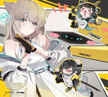  >_< 3girls :< :3 :d animal_ears arknights arknights:_endfield bare_shoulders bird_ears bird_girl black_gloves black_hair black_jacket black_pantyhose blindfold_mask blue_dress blue_eyes blue_gloves blue_tail blunt_bangs blush_stickers chen_qianyu_(arknights) chibi chibi_inset clenched_hand closed_eyes commentary_request deformed dot_nose dragon_girl dragon_horn dragon_horns dragon_tail dress dutch_angle eastern_dragon_horns eastern_dragon_tail emoticon endministrator_(arknights) female_endministrator_(arknights) full_body gloves hands_up highres horns jacket kaomoji long_hair long_sleeves looking_at_viewer mask multicolored_gloves multicolored_tail multiple_girls non-humanoid_robot off_shoulder open_mouth palms_together pantyhose pocket robot signature sleeveless sleeveless_dress smile sweater tail tata_(arknights) two-tone_gloves upper_body white_dress white_hair white_jacket white_sweater x3 yellow_gloves yellow_pupils yuuki_uyu 