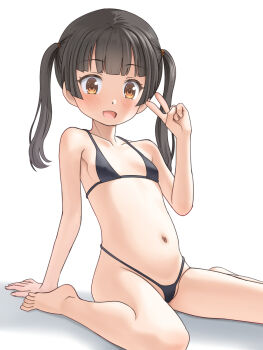  1girl barefoot bikini black_bikini blush breasts brown_eyes collarbone commentary_request highres loli looking_at_viewer meow_(nekodenki) navel open_mouth original simple_background small_breasts soles solo swimsuit thighs toes twintails v white_background 