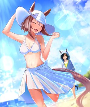  2girls absurdres air_shakur_(umamusume) animal_ears bare_shoulders beach bikini black_hair blue_bow blue_jacket blue_sky blush bow breasts brown_hair closed_mouth cloud collarbone commentary_request ears_through_headwear ears_through_hood eyebrow_piercing face_piercing fine_motion_(umamusume) hair_between_eyes hair_bun hands_in_pockets hat hat_bow highres hood hood_up hooded_jacket horse_ears horse_girl horse_tail jacket long_hair medium_breasts multicolored_hair multiple_girls navel ocean open_mouth outdoors piercing skirt sky smile stomach sun_hat swimsuit tail tank_top torinosukei umamusume water white_bikini white_hair white_skirt yellow_eyes yellow_tank_top 