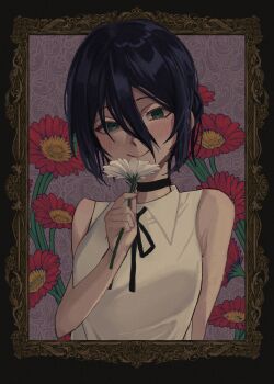  1girl :> absurdres arm_at_side bare_arms bare_shoulders black_border black_choker black_hair black_ribbon blush border breasts chainsaw_man choker closed_mouth commentary floral_background flower green_eyes hair_between_eyes hand_up highres holding holding_flower long_hair_between_eyes looking_at_viewer medium_breasts nasu_(pixiv_29380455) neck_ribbon ornate_border outside_border purple_background red_flower reze_(chainsaw_man) ribbon shirt short_hair sidelocks smile solo upper_body variant_set white_flower white_shirt 