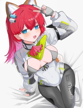  1girl absurdres akekuri_(arknights) animal_ear_fluff animal_ears arknights arknights:_endfield arm_up ascot bikini bikini_top_only black_bodysuit blue_eyes blush bodysuit breasts breasts_out bright_pupils commentary diamond-shaped_pupils diamond_(shape) dog_ears dog_girl english_commentary from_above front-tie_bikini_top front-tie_top full_body grey_bikini grey_shrug hair_between_eyes highres large_breasts long_hair long_sleeves looking_at_viewer multicolored_bodysuit multicolored_shrug o-ring o-ring_top open_mouth red_ascot red_hair shoes shrug_(clothing) simple_background small_sweatdrop solo spam_(spamham4506) swimsuit symbol-shaped_pupils thigh_gap two-tone_bodysuit two-tone_shrug v white_background white_bodysuit white_pupils white_shoes white_shrug 