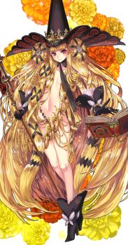 1girl black_gloves blonde_hair blunt_bangs book braid braided_bun chain chain_chronicle commentary crown donut_hair_bun double_bun fatima_(chain_chronicle) flat_chest floating floating_book floating_object floral_background gloves gold_chain hair_bikini hair_bun convenient_hair hat high_heels highres holding holding_staff large_hat long_hair marigold mole mole_under_each_eye mole_under_eye multiple_moles no_bra nude red_eyes solo staff tenkyuu09 very_long_hair witch_hat