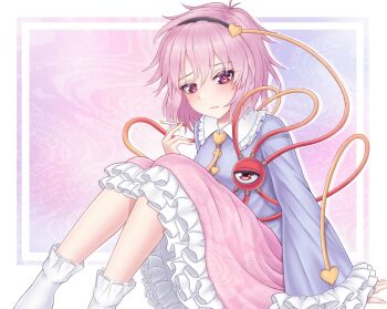  blue_shirt blush cigarette grummsed holding holding_cigarette komeiji_satori long_sleeves pink_eyes pink_hair pink_skirt shirt simple_background skirt smoking socks touhou white_socks 