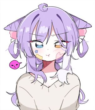  1girl ahoge animal_ears bandage_on_face bandages bandaid bandaid_on_cheek bandaid_on_face blue_eyes blush commentary_request emoji grey_sweater heterochromia highres long_hair looking_at_viewer multicolored_hair pout purple_hair simple_background solo spoken_expression star_(symbol) stellive sticker sticker_on_face sweater tamago_bororo tenko_shibuki upper_body white_background white_hair 