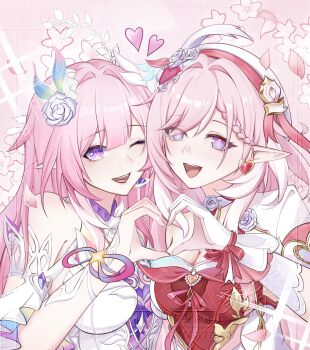  2girls ;o absurdres beret breasts cleavage color_connection commission company_connection cyrene_(honkai:_star_rail) cyrene_(ripples_of_past_reverie)_(honkai:_star_rail) diamond-shaped_pupils diamond_(shape) dress earrings elf elysia_(hi_love_elf)_(honkai_impact) elysia_(honkai_impact) hair_color_connection halo hat heart heart_earrings heart_hands heart_hands_duo highres honkai:_star_rail honkai_(series) honkai_impact_3rd in-franchise_crossover inoue_marina jewelry lanyi131 large_breasts long_hair looking_at_viewer multicolored_hair multiple_girls one_eye_closed pink_background pink_hair pointy_ears purple_eyes red_dress smile symbol-shaped_pupils two-tone_hair very_long_hair voice_actor_connection white_dress white_hair yanning 