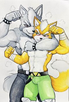  abs animal_ears bara black_pants blush closed_mouth commentary english_commentary fang fang_out flexing fox_boy fox_ears fox_mccloud fox_tail furry furry_male green_pants highres looking_at_another looking_at_viewer male_focus muscular muscular_male navel nintendo pants pectorals scan smile star_fox steam tail topless_male traditional_media ulala_ko white_background wolf_boy wolf_ears wolf_o'donnell wolf_tail 