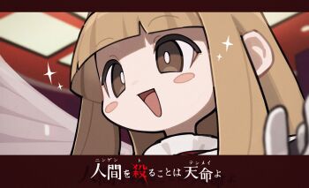 1girl :d adversarial_noise angel_(killer7) angel_wings blunt_bangs blush_stickers bright_pupils brown_eyes brown_hair commentary_request highres hime_cut killer7 long_hair open_mouth sidelocks smile solo white_pupils wings zizi_niisan