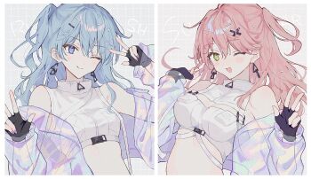  2girls absurdres black_gloves blue_eyes blue_hair breasts commentary_request crop_top cropped_shirt earrings fingerless_gloves gloves green_eyes highres hololive hoshimachi_suisei jewelry long_hair looking_at_viewer mametarou_(mameji) medium_breasts midriff multiple_girls one_eye_closed one_side_up pink_hair sakura_miko shirt sleeveless sleeveless_shirt small_breasts triangle_earrings upper_body virtual_youtuber w white_shirt 