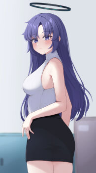  1girl absurdres alternate_costume azurarts black_halo black_skirt blue_archive blurry blurry_background blush breasts closed_mouth commentary_request cowboy_shot from_behind halo highres large_breasts long_hair looking_at_viewer mechanical_halo pencil_skirt purple_eyes purple_hair ribbed_sweater skirt sleeveless sleeveless_sweater sleeveless_turtleneck solo sweater turtleneck turtleneck_sweater white_sweater yuuka_(blue_archive) 