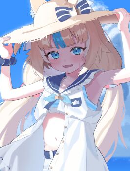  1girl absurdres belt bikini blonde_hair blue_bikini blue_eyes blue_hair blush commentary dress fang hashtag-only_commentary hat highres indie_virtual_youtuber looking_at_viewer low_twintails multicolored_hair okaki8130 open_mouth outdoors sameko_saba sameko_saba_(1st_costume) skin_fang solo streaked_hair swimsuit twintails two-tone_hair virtual_youtuber white_dress 