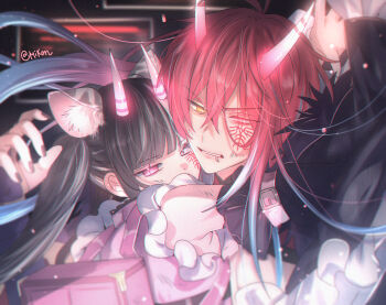  2boys animal_ears cho_kaguya-hime! commentary_request covered_mouth crossdressing crossdressing_(mtf) detached_sleeves face_piercing fur_trim highres horns japanese_clothes komazawa_noi lip_piercing long_sleeves looking_at_viewer male_focus mikado_akira_(cho_kaguya-hime!) mikan_(maggie733) multicolored_hair multiple_boys piercing pink_eyes teeth twintails two-tone_hair watermark yaoi yellow_eyes 