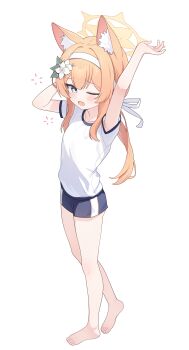 1girl absurdres barefoot blue_archive blush flower full_body gym_shirt gym_uniform hair_flower hair_ornament hairband halo highres long_hair looking_at_viewer mari_(blue_archive) mari_(track)_(blue_archive) nonddu official_alternate_costume open_mouth orange_hair shirt simple_background solo toes white_background white_flower white_hairband white_shirt yawning yellow_eyes yellow_halo rating:Sensitive score:17 user:danbooru