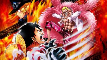  3boys abs absurdres angry blonde_hair building clenched_hand creepy donquixote_doflamingo evil_grin evil_smile feather_trim fire full_body grin haki hat highres incoming_attack jacket jumping manly monkey_d._luffy multiple_boys muscular muscular_male non-web_source official_art one_piece open_clothes open_jacket open_mouth open_shirt open_vest pectorals sabo_(one_piece) sandals scan scar scar_on_face shaded_face short_hair size_difference smile straw_hat sunglasses teeth toei_company topless_male vest zoom_layer 