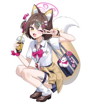  1girl ;d absurdres alternate_costume animal_ear_fluff animal_ears bag bead_bracelet bead_necklace beads blue_archive blue_bag blue_skirt blush bow bowtie bracelet brown_cardigan brown_hair brown_shoes cardigan cardigan_around_waist clothes_around_waist coffee collared_shirt commentary_request cup disposable_coffee_cup disposable_cup drink drinking_straw elbow_on_thigh eyeshadow fang fox_ears fox_girl fox_hair_ornament fox_tail gyaru hair_ornament hairclip halo highres holding holding_drink holster izuna_(blue_archive) jewelry kunai lanyard loafers looking_at_viewer loose_socks makeup necklace one_eye_closed open_mouth pink_bow pink_bowtie pink_eyeshadow pink_halo pink_nails pleated_skirt pom_pom_(clothes) pom_pom_hair_ornament prock school_bag shirt shoes short_hair short_sleeves shoulder_bag skin_fang skirt smile socks solo squatting star_(symbol) star_hair_ornament tail thigh_holster v v_over_eye weapon white_shirt white_socks yellow_eyes 