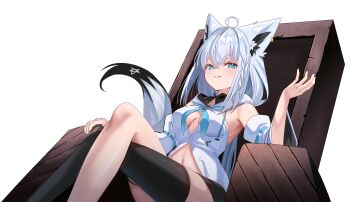  1girl absurdres animal_ear_fluff animal_ear_piercing animal_ears aqua_eyes black_shorts black_thighhighs blue_neckerchief braid breasts commentary crossed_legs detached_sleeves double-parted_bangs fox_ears fox_girl fox_tail grin hair_between_eyes hand_up highres hololive hood hooded_vest hoodie kumarang long_hair looking_at_viewer low_ponytail medium_breasts navel neckerchief on_throne pentagram ponytail shirakami_fubuki shirakami_fubuki_(1st_costume) short_shorts shorts side_braid simple_background single_thighhigh smile solo tail thigh_strap thighhighs throne vest virtual_youtuber white_background white_hair white_sleeves wide_sleeves 