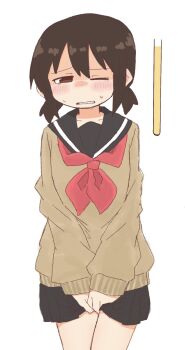 1girl between_legs black_sailor_collar black_skirt blush brown_eyes brown_hair brown_sweater clenched_teeth cowboy_shot embarrassed female_focus flat_chest half-closed_eye hand_between_legs have_to_pee long_sleeves looking_at_viewer miniskirt neckerchief nose_blush one_eye_closed original own_hands_together pleated_skirt ponnu_(tnpn2yw) raised_eyebrows red_neckerchief sailor_collar school_uniform serafuku short_hair sidelocks simple_background skirt solo standing sweat sweater teeth twintails urine_meter v_arms variant_set white_background