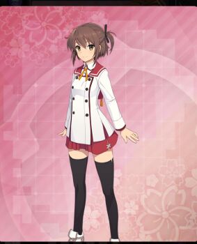  1girl black_bow black_thighhighs bow breasts brown_eyes brown_hair buttons closed_mouth dot_nose double-breasted etou_kanami feet_out_of_frame floral_background game_cg hair_bow long_sleeves looking_at_viewer minoseki_academy_school_uniform neck_ribbon official_art pink_background red_sailor_collar red_skirt ribbon sailor_collar school_uniform shirt shoes short_hair side_ponytail sidelocks skirt small_breasts smile solo standing thighhighs third-party_source toji_no_miko toji_no_miko:_kizamishi_issen_no_tomoshibi variant_set white_shirt white_shoes yellow_ribbon zettai_ryouiki 