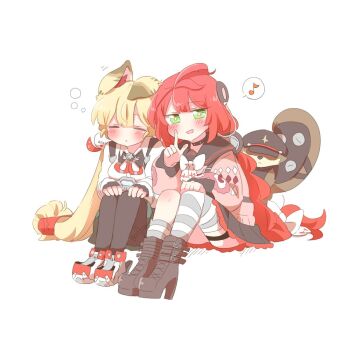  2girls :d ahoge alice_thymefield animal_ear_fluff animal_ears asymmetrical_legwear black_boots black_choker black_gloves black_pantyhose black_sailor_collar black_skirt blonde_hair blunt_bangs blush boots bow bowtie breasts bright_pupils choker collared_shirt commentary_request double-parted_bangs fingerless_gloves frilled_skirt frills full_body gloves green_eyes grey_socks grey_thighhighs hair_bow hair_ornament hand_up hands_on_own_knees high_heel_boots high_heels index_finger_raised kamanosuke_(zenless_zone_zero) knees_up long_hair long_sleeves looking_at_viewer low_twintails medium_breasts miniskirt multiple_girls musical_note one_ear_down open_mouth pantyhose parted_lips pink_sweater pleated_skirt rabbit_ears rabbit_girl rebecca_(keinelove) red_hair sailor_collar shirt shoes simple_background single_sock single_thighhigh sitting skirt sleeping smile socks sphere_hair_ornament spoken_musical_note squeans striped_clothes striped_socks striped_thighhighs sweater thigh_strap thighhighs twintails ukinami_yuzuha uneven_legwear white_background white_bow white_bowtie white_pupils white_shirt white_shoes zenless_zone_zero 