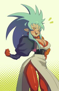  1girl absurdres aqua_hair big_hair black_sash blush breasts cleavage clenched_hand commentary earrings gloves hand_on_own_hip highres jewelry large_breasts long_hair long_sleeves pants piku184 plunging_neckline puffy_long_sleeves puffy_sleeves red_eyes red_gloves red_pants ryouko_(tenchi_muyou!) sash side_slit solo spiked_hair tenchi_muyou! 