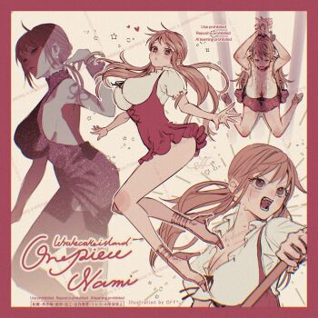  1girl 2025 arms_up ass_peek bangle bare_legs bare_shoulders blush border bound bound_wrists bracelet breasts brown_eyes character_name cleavage clima-tact commentary_request copyright_name cross-laced_clothes cross-laced_dress dress earrings emphasis_lines feet_out_of_frame frilled_shirt frills from_above from_side full_body german_clothes hair_up heart high_heel_sandals high_heels holding holding_staff jewelry large_breasts legs log_pose long_hair low_twintails multiple_views nami_(one_piece) nami_(one_piece)_(whole_cake_island) official_alternate_costume official_alternate_hairstyle one_piece open_mouth orange_hair pearl_earrings puffy_short_sleeves puffy_sleeves red_border red_dress red_skirt sandals shirt short_dress short_sleeves shoulder_tattoo sitting skirt sleeveless sleeveless_dress solo staff star_(symbol) tattoo thighs twintails upper_body wariza watermark wet white_shirt yum_xoxo_yum 