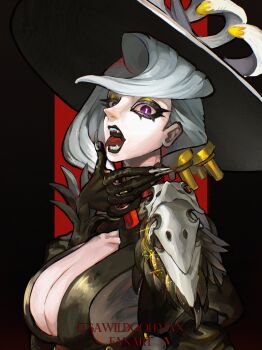  1girl black_gloves breasts cleavage eyelashes fake_claws gachiakuta gloves grey_hair hat highres itsawildgoatman large_breasts licking_own_finger makeup open_mouth purple_eyes simple_background solo too_lily upper_body yellow_eyes 