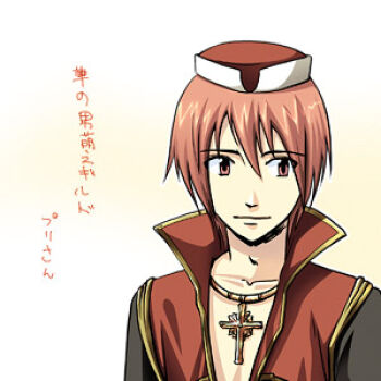  1boy beretta_de_camera black_coat closed_mouth coat commentary_request cross cross_necklace dated_commentary gold_trim hat jewelry looking_to_the_side lowres male_focus multicolored_coat necklace oomojiya pink_eyes pink_hair priest_(ragnarok_online) ragnarok_online red_coat red_hat short_hair solo translation_request two-tone_coat upper_body yellow_background 