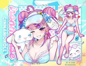  1girl ahoge bikini blue_bikini blunt_bangs blush bow breasts chimanakoneko cinnamoroll cleavage clenched_teeth commentary crocs demon_girl double_bun english_commentary full_body hair_bun hair_ornament heart heart_ahoge heart_hair_ornament indie_virtual_youtuber ironmouse legs looking_at_viewer medium_breasts multicolored_hair open_mouth pink_bow pink_hair purple_eyes purple_hair shoes smile sparkle_hair_ornament streaked_hair swimsuit teeth thighs virtual_youtuber visor_cap white_shoes x_hair_ornament 