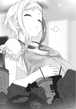  029 1girl ^_^ acieth_alla after_meal big_belly blurry blurry_background breasts burp closed_eyes closed_mouth crumpled_paper cup full_stomach greyscale hataraku_maou-sama! highres monochrome notice_lines novel_illustration official_art overalls patting_belly short_hair short_sleeves sidelocks small_breasts solo third-party_source trash upper_body v-shaped_eyebrows 