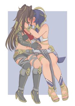  2girls absurdres ancient_egyptian_clothes asymmetrical_clothes black_boots black_gloves black_hair blonde_hair blue_hair boots bracelet breasts candace_(genshin_impact) cleavage commentary_request dehya_(genshin_impact) elbow_gloves genshin_impact gloves hair_ears high_heel_boots high_heel_sandals high_heels highres invisible_chair jewelry kiss knee_boots long_hair medium_breasts multicolored_hair multiple_girls multiple_thigh_straps navel neck_ring noe_aoikaba pants pelvic_curtain sandals short_hair_with_long_locks sidelocks single_pantsleg sitting streaked_hair thigh_strap thighlet torn_clothes torn_pants two-tone_hair underboob yuri 