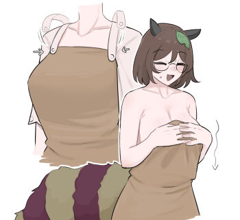  1girl animal_ears arrow_(symbol) blush breasts cleavage closed_eyes collarbone commentary english_commentary futatsuiwa_mamizou glasses highres large_breasts leaf leaf_on_head mata_(matasoup) multiple_views open_mouth raccoon_ears raccoon_girl raccoon_tail revision simple_background sweatdrop tail touhou white_background 