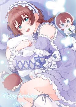  1girl :d aqua_eyes blush braid brown_hair bug butterfly character_doll colorful_dreams!_colorful_smiles!_(love_live!) commentary_request cross-laced_clothes cross-laced_sleeves dated detached_sleeves doll dress emma_verde feet_out_of_frame freckles frilled_dress frills happy_birthday highres hugging_object insect long_hair long_sleeves looking_at_viewer love_live! love_live!_nijigasaki_high_school_idol_club low_twin_braids lying nesoberi on_bed on_side open_mouth pillow purple_dress short_dress sleeveless sleeveless_dress smile socks solo songhuai starry_night_serenade_(love_live!) twin_braids white_butterfly white_socks 