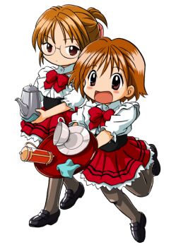  2girls bandabekken black_shoes bow bowtie bronze_parrot brown_eyes brown_hair closed_mouth clumsy coffee_pot cummerbund cup dokidoki_shitei_life dot_mouth falling frilled_shirt frills glasses holding holding_coffee_pot ishida_michiru kawazumi_ayuko loafers looking_at_another multiple_girls napkin open_mouth pantyhose pleated_skirt ponytail red_bow red_bowtie red_skirt saucer shirt shoes short_ponytail simple_background skirt standing teacup tray tripping waitress walking white_background white_shirt 