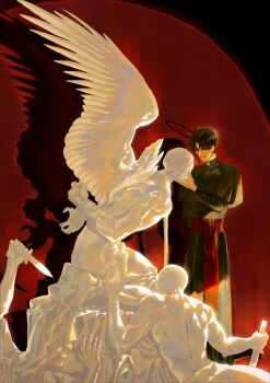  2boys 2others absurdres black_robe bound bound_wrists commentary_request different_shadow drop_shadow feathered_wings full_body gost_56 halo hand_on_another's_chin highres kneeling korean_commentary multiple_boys multiple_others muscular muscular_male original robe rope standing statue topless_male torn_wings white_wings wings 