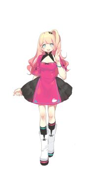  1girl absurdres animal_print black_dress black_socks blonde_hair blue_eyes blue_ribbon bluerancel blunt_bangs boots bracelet character_request commentary_request dot_nose dress eyelashes full_body hair_ornament high_side_ponytail highres hood jewelry kneehighs knees long_hair neck_ribbon open_mouth pink_ribbon pink_tabard rabbit_print ribbon short_dress smile socks solo standing tabard tachi-e tareme teeth transparent_background two-tone_ribbon upper_teeth_only utau v white_boots 