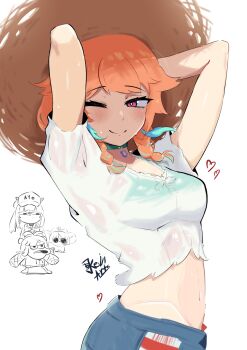  4girls arms_up bikini blue_shorts braid choker green_bikini green_choker green_hair hat highres hololive hololive_english hololive_indonesia jkevin_art kobo_kanaeru kureiji_ollie light_blush long_hair looking_at_another looking_at_viewer mittens mori_calliope multicolored_hair multiple_girls navel one_eye_closed orange_hair pink_eyes ponytail see-through_clothes see-through_shirt shirt short_sleeves shorts smile standing straw_hat swimsuit takanashi_kiara takanashi_kiara_(casual) twin_braids virtual_youtuber white_background 