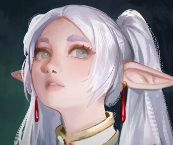1girl cinderone commentary earrings frieren green_eyes grey_hair jewelry long_hair meme parted_bangs pointy_ears portrait solo sousou_no_frieren teeth twintails upward_angle_frieren_drawing_(meme)