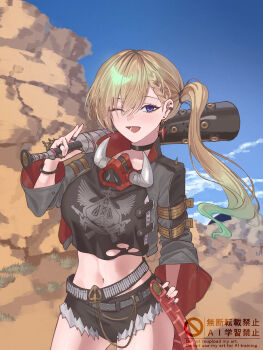 1girl absurdres baseball_bat black_choker black_jacket black_shirt black_shorts blonde_hair blue_eyes braid braided_bangs choker commentary cosplay cowboy_shot earrings elsie_lovelock gradient_hair green_hair hair_between_eyes hand_on_own_hip highres holding holding_baseball_bat jacket jewelry long_hair looking_at_viewer luciana_de_montefio luciana_de_montefio_(cosplay) lynae_(wuthering_waves) multicolored_hair navel one_eye_closed open_mouth outdoors pendr_a_gon shirt shorts side_ponytail smile solo star_(symbol) star_earrings stomach torn_clothes torn_shirt voice_actor_connection watermark wuthering_waves zenless_zone_zero