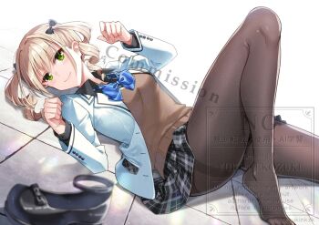  1girl black_shirt black_shoes black_skirt blazer blonde_hair blue_bow blurry blurry_foreground bow brown_pantyhose closed_mouth collared_shirt commentary_request commission depth_of_field diagonal-striped_bow green_eyes hands_up highres jacket knee_up lying nekozuki_yuki on_back open_clothes open_jacket original pantyhose plaid_clothes plaid_skirt pleated_skirt ringlets school_uniform shirt shoes skeb_commission skirt smile solo striped_bow sweater_vest thighband_pantyhose tile_floor tiles twintails unworn_shoes watermark white_background white_jacket 