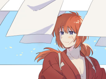  1boy blue_eyes blue_sky blush closed_mouth clothesline collarbone commentary_request cross_scar facial_scar falling_petals hair_between_eyes highres himura_kenshin japanese_clothes kimono laundry long_hair looking_to_the_side low_ponytail male_focus nasubi_(user_agpx4547) orange_hair outdoors petals ponytail red_kimono rurouni_kenshin scar scar_on_cheek scar_on_face sky smile solo upper_body 