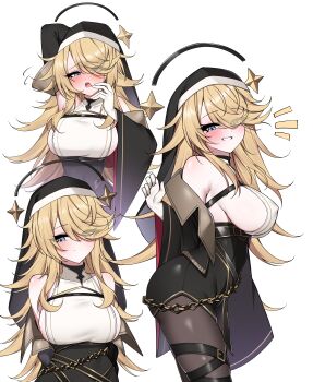  1girl absurdres arm_behind_head arm_up bare_shoulders black_halo black_jacket black_pantyhose black_veil blonde_hair blush breasts chain chaos_zero_nightmare chest_belt commentary covered_erect_nipples covered_navel cropped_jacket curvy dot_nose eyes_visible_through_hair flipped_bangs flipped_hair framed_breasts furrowed_brow gekhuay gloves grin hair_over_one_eye halo highres jacket large_breasts long_hair long_sleeves looking_at_viewer multiple_thigh_straps multiple_views nose_blush notice_lines nun nun_headdress off_shoulder open_clothes open_jacket orlea_(chaos_zero_nightmare) pantyhose raised_inner_eyebrows shiny_clothes shiny_legwear sideboob sideless_outfit simple_background smile split_mouth standing thigh_strap underbust veil white_background white_gloves wide_sleeves 