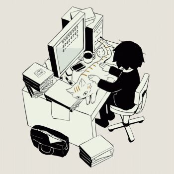  1boy androgynous animated animated_gif at_computer avogado6 bag cat cat_on_keyboard chair commentary computer computer_mouse cup desk eraser from_above mechanical_pencil monitor monochrome mouse_(animal) notebook original pencil sitting typing 