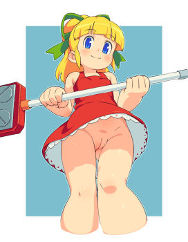  1girl blonde_hair blue_eyes blush broom cleft_of_venus cropped_legs dress female_focus flat_chest hair_ribbon highres loli long_hair mega_man_(classic) mega_man_(series) no_panties no_pants om_(nk2007) ponytail pussy red_dress ribbon roll_(mega_man) smile solo uncensored upskirt  rating:Explicit score:340 user:Vito-Seeder