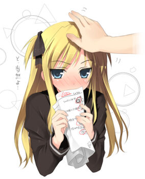 1girl blush head_pat kantoku petite headpat quiz_magic_academy shalon solo_focus rating:Sensitive score:14 user:danbooru