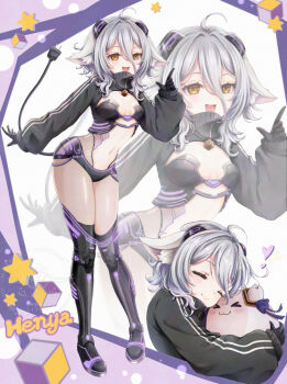  >_< 1girl :3 akomaruillust animal_ears breasts cleavage closed_eyes cube electric_plug gloves grey_hair hair_between_eyes henya_the_genius henya_the_genius_(cyber_henya) highres hug indie_virtual_youtuber navel open_mouth revealing_clothes short_hair sidelocks small_breasts tail thighhighs thighs virtual_youtuber yellow_eyes 